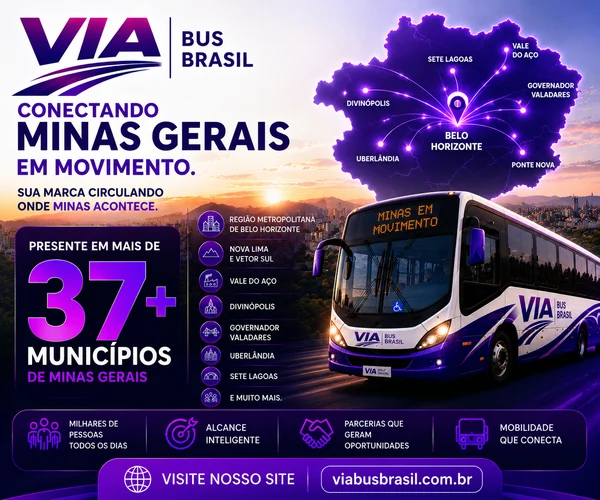 Via Bus Brasil — conectando Minas Gerais em movimento. Mídia em ônibus em mais de 37 municípios.